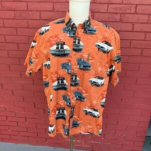 Vtg North River Mens Muscle Car Print Button Up Short Sleeve Shirt XL Orange